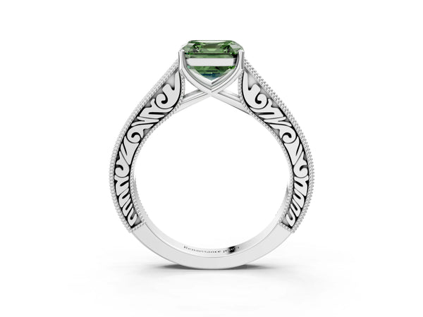 Platinum Asscher Cut Vintage Pave Engagement Ring Setting for Fancy Green Center