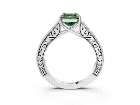 White gold Fancy Green Asscher Cut Cut Pave Band Milgrain Solitaire Ring_3