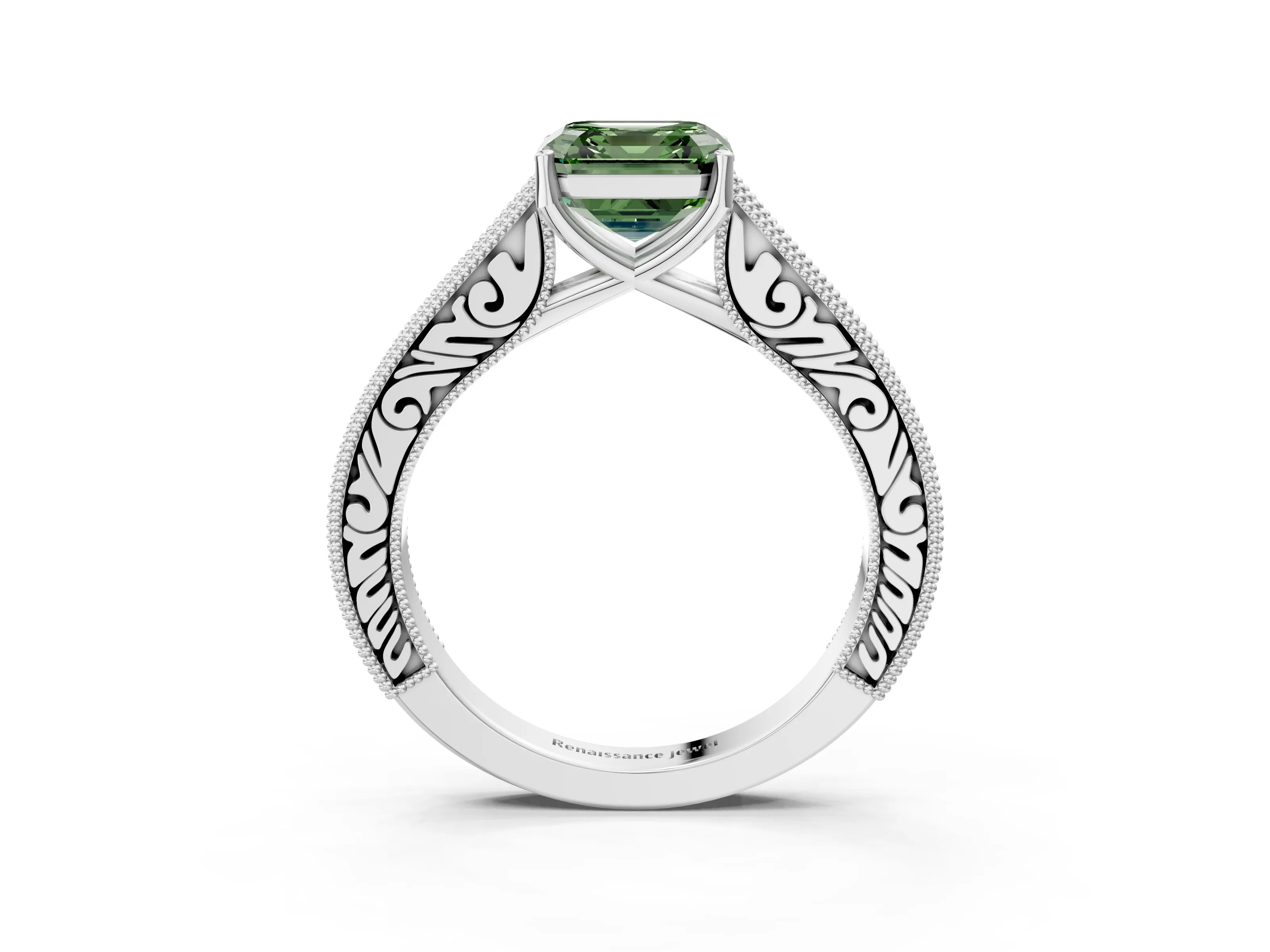 White gold Fancy Green Asscher Cut Cut Pave Band Milgrain Solitaire Ring_3