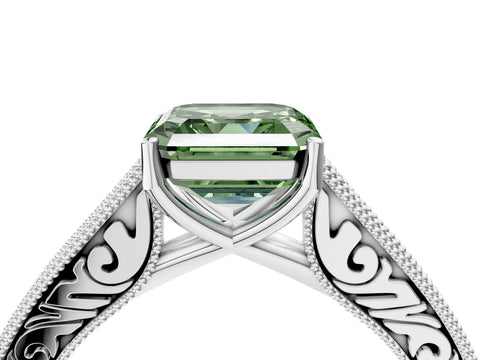 White gold Fancy Green Asscher Cut Cut Pave Band Milgrain Solitaire Ring_4