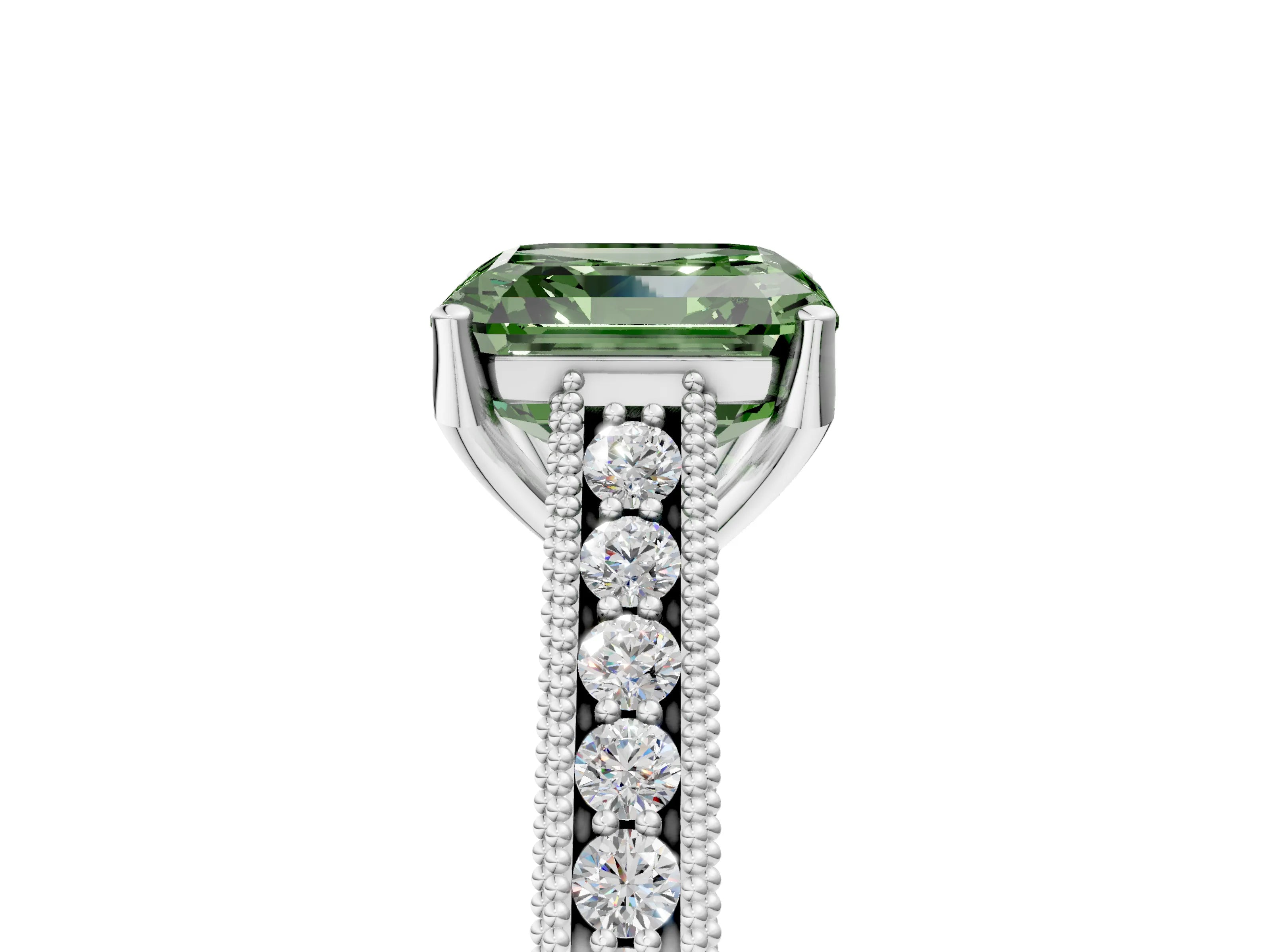 White gold Fancy Green Asscher Cut Cut Pave Band Milgrain Solitaire Ring_5