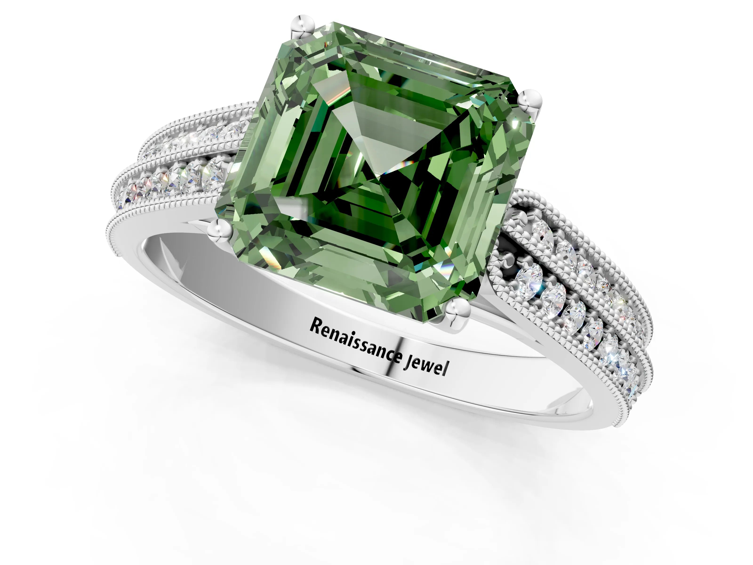 White gold Fancy Green Asscher Cut Cut Pave Split Shank Engagement Ring with Four-Prong Setting_13