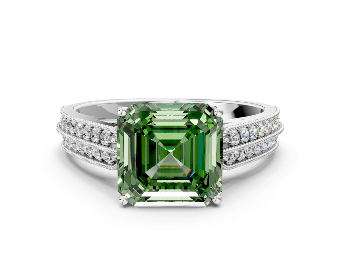 White gold Fancy Green Asscher Cut Cut Pave Split Shank Engagement Ring with Four-Prong Setting_36