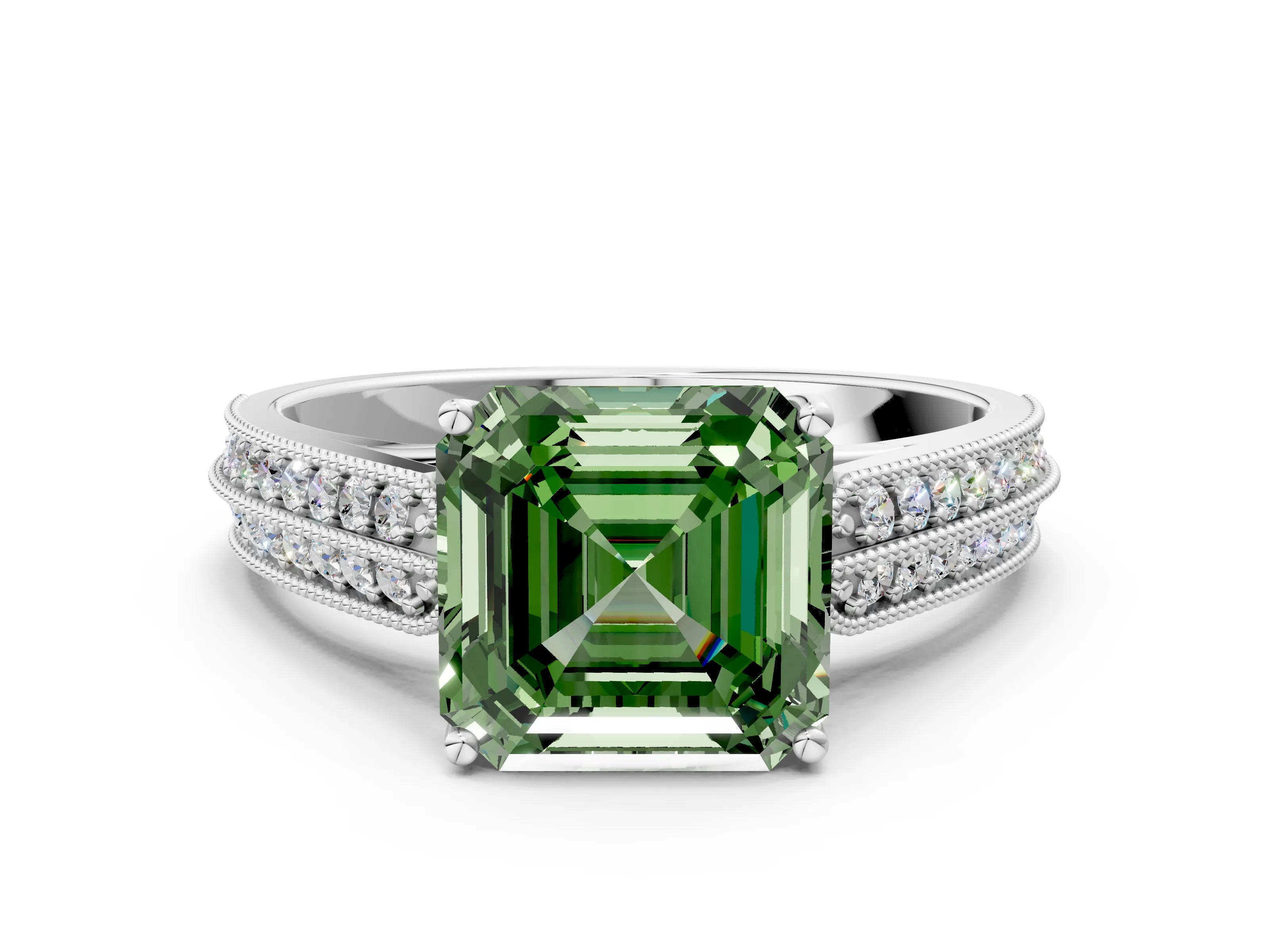 White gold Fancy Green Asscher Cut Cut Pave Split Shank Engagement Ring with Four-Prong Setting_36