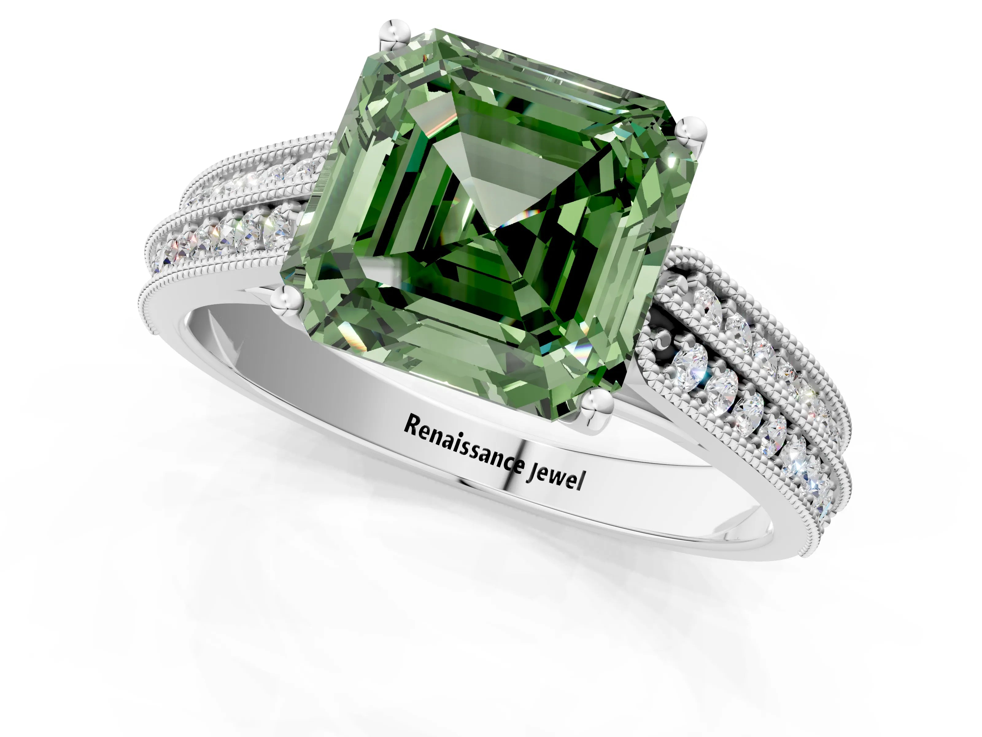 White gold Fancy Green Asscher Cut Cut Pave Split Shank Engagement Ring with Four-Prong Setting_37