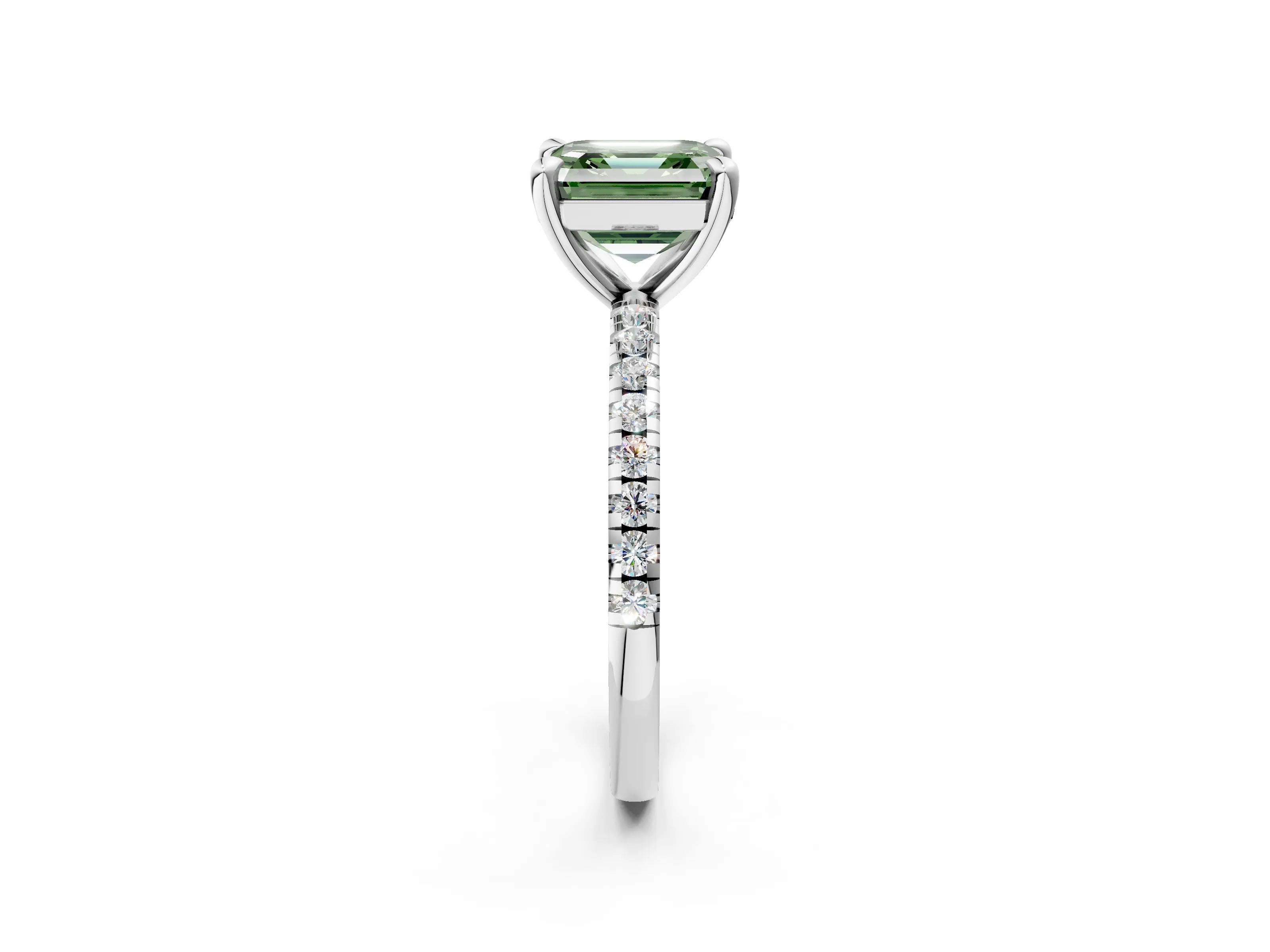 White gold Fancy Green Asscher Cut Diamond Brilliant Solitaire Ring with Pavé Band and Four-Prong Setting_2