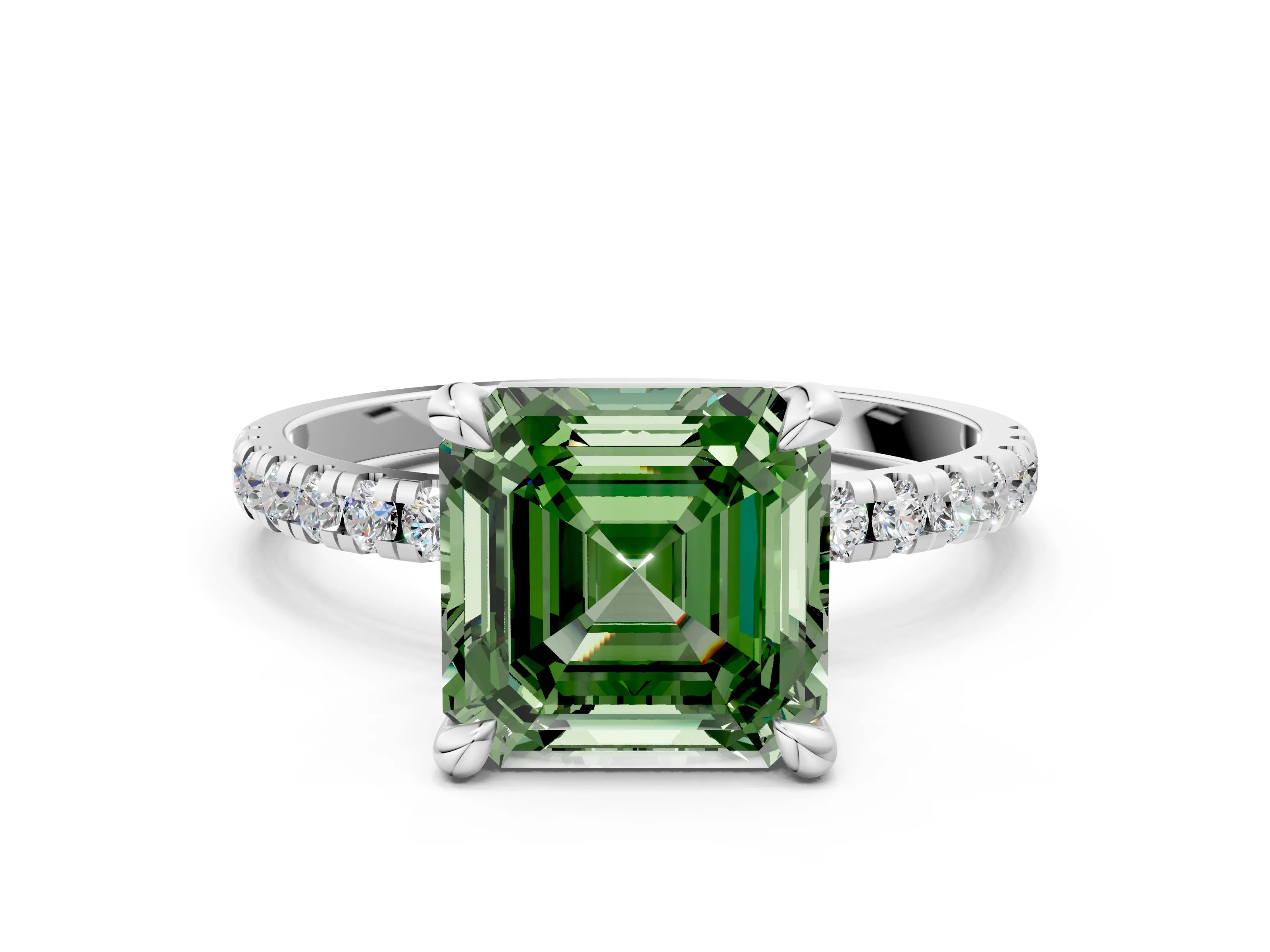 White gold Fancy Green Asscher Cut Diamond Brilliant Solitaire Ring with Pavé Band and Four-Prong Setting