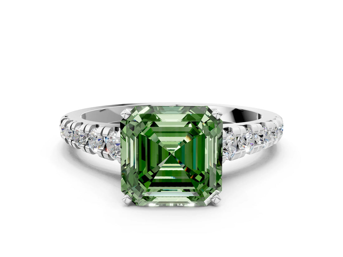 White gold Fancy Green Asscher Cut Diamond Cathedral Solitaire Ring with Round  Pavé Band_77