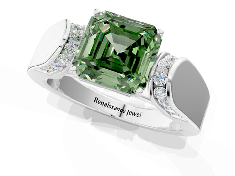 White gold Fancy Green Asscher Cut Diamond Channel Set Solitaire Ring with Four-Prong Setting_13