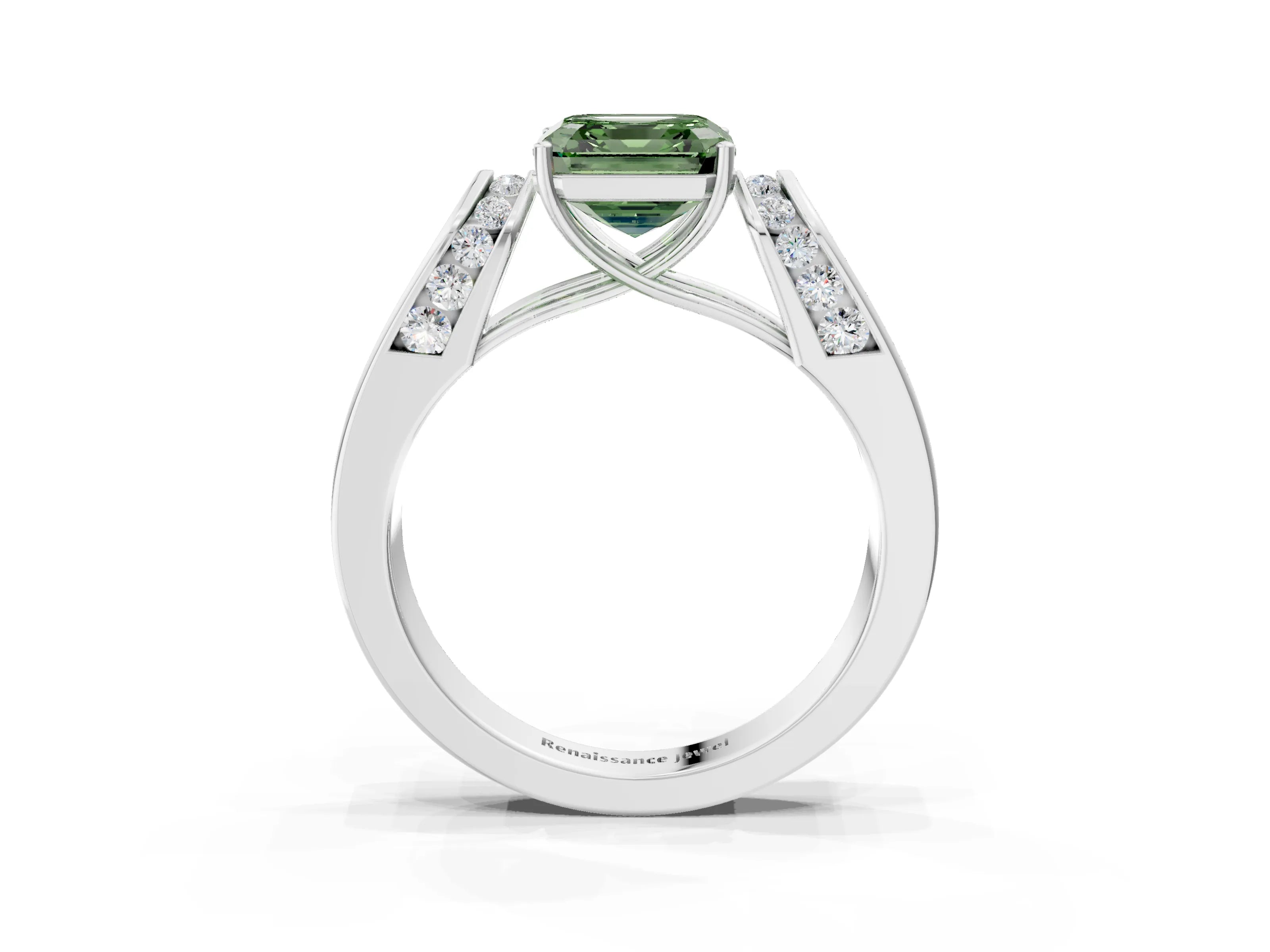White gold Fancy Green Asscher Cut Diamond Channel Set Solitaire Ring with Four-Prong Setting_15