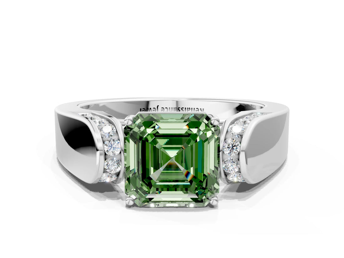 White gold Fancy Green Asscher Cut Diamond Channel Set Solitaire Ring with Four-Prong Setting_30