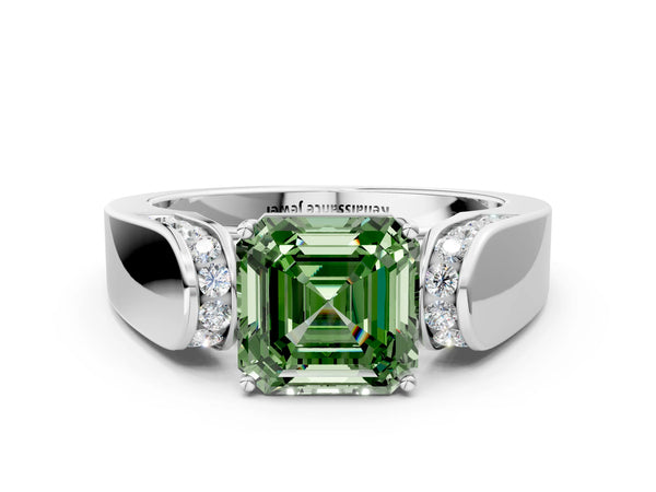 White Gold Asscher Cut Channel Set Engagement Ring Setting for Fancy Green Center with Wide Band