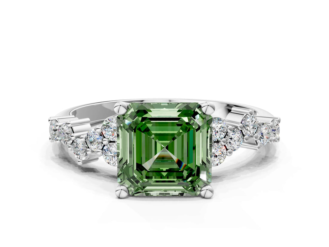 White gold Fancy Green Asscher Cut Diamond Cluster Pavé Band with Four-Prong Setting_24
