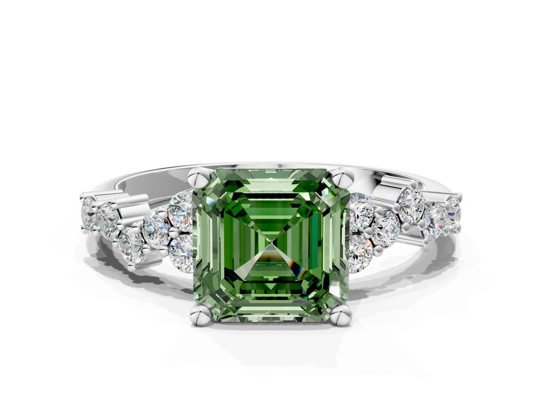 White gold Fancy Green Asscher Cut Diamond Cluster Pavé Band with Four-Prong Setting_3
