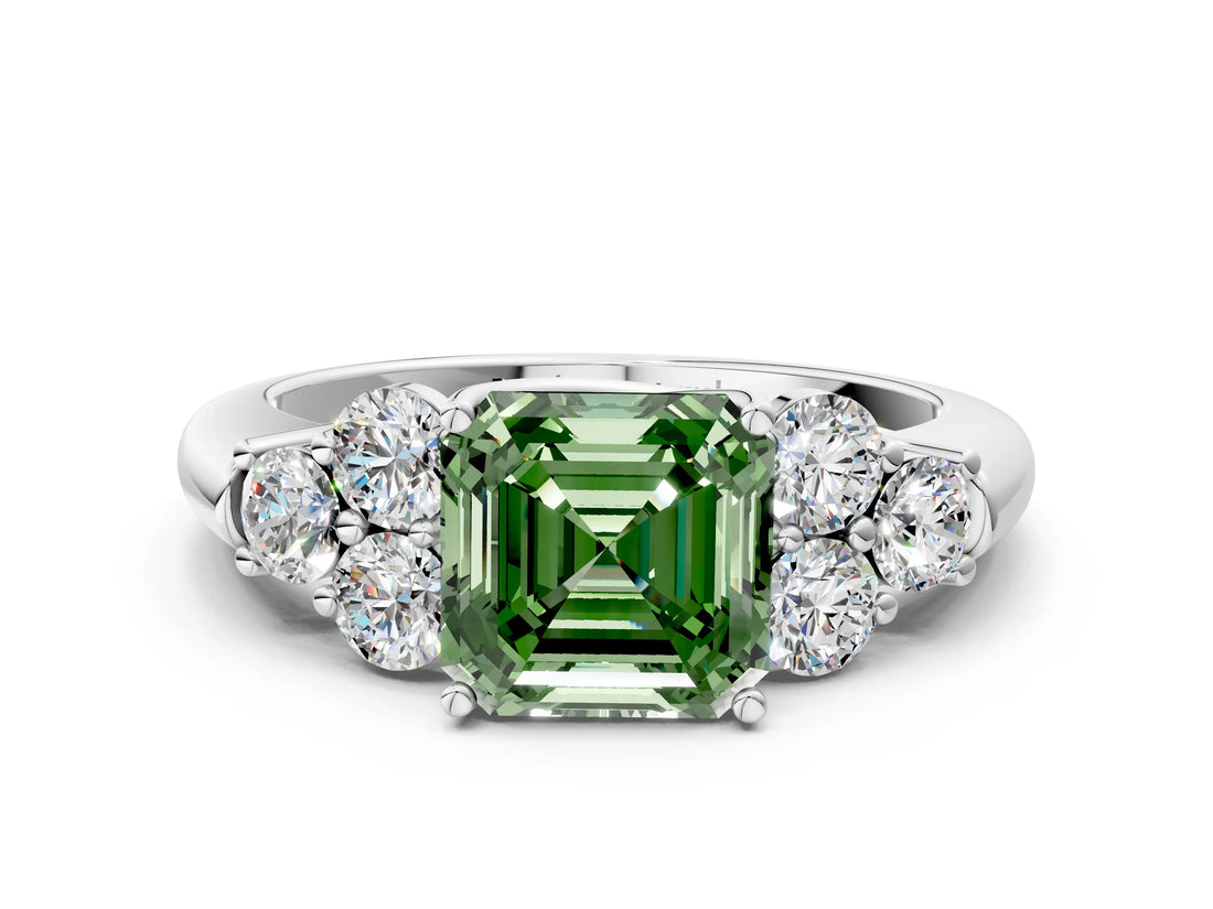 White gold Fancy Green Asscher  Cut Diamond Cluster Ring with Round Accent Stones and Prong Setting on a Classic Band_29