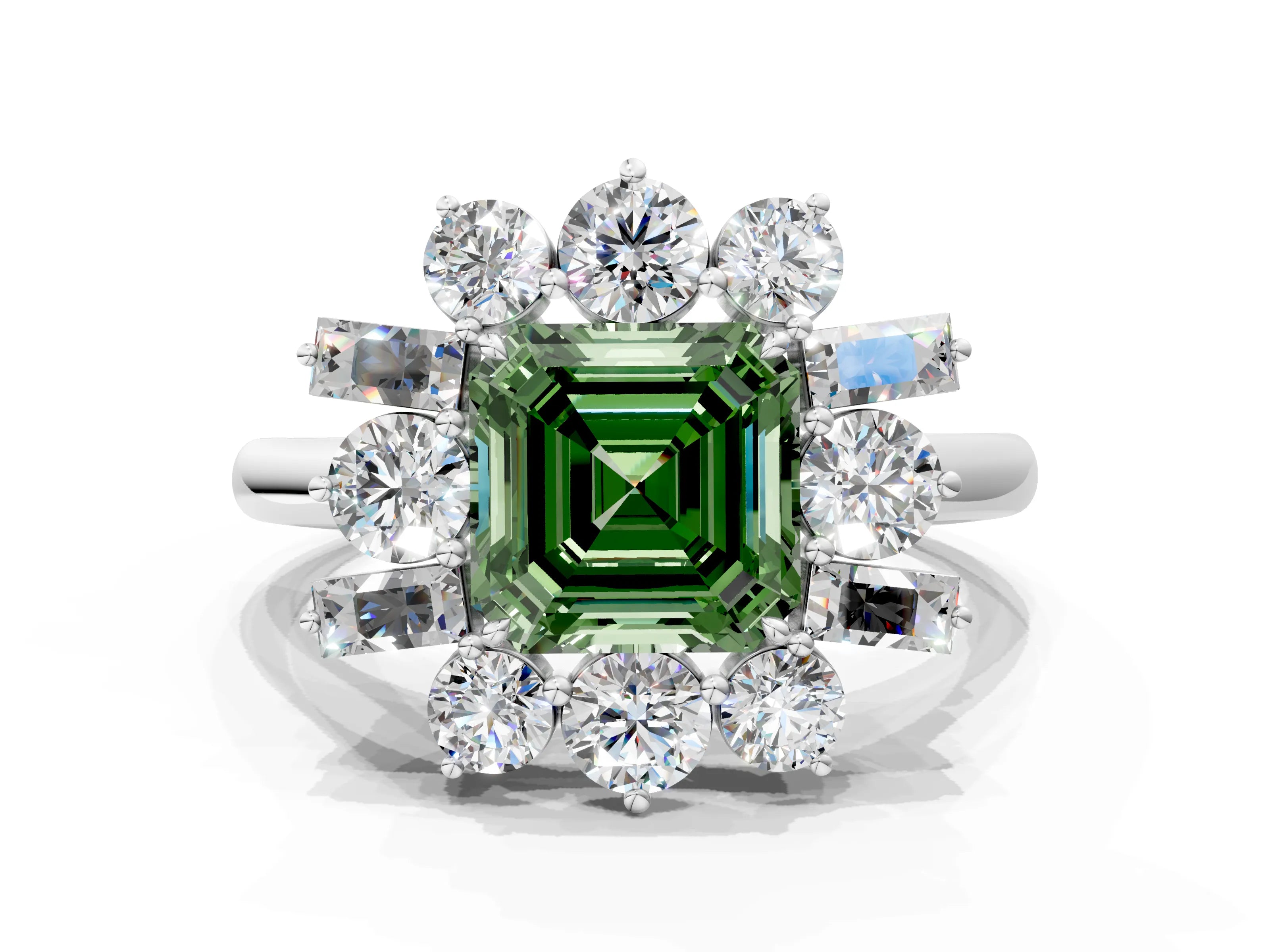 White gold Fancy Green Asscher Cut Diamond Cluster Ring with Round and Baguette Stones, Split Shank Band, Prong Setting_12