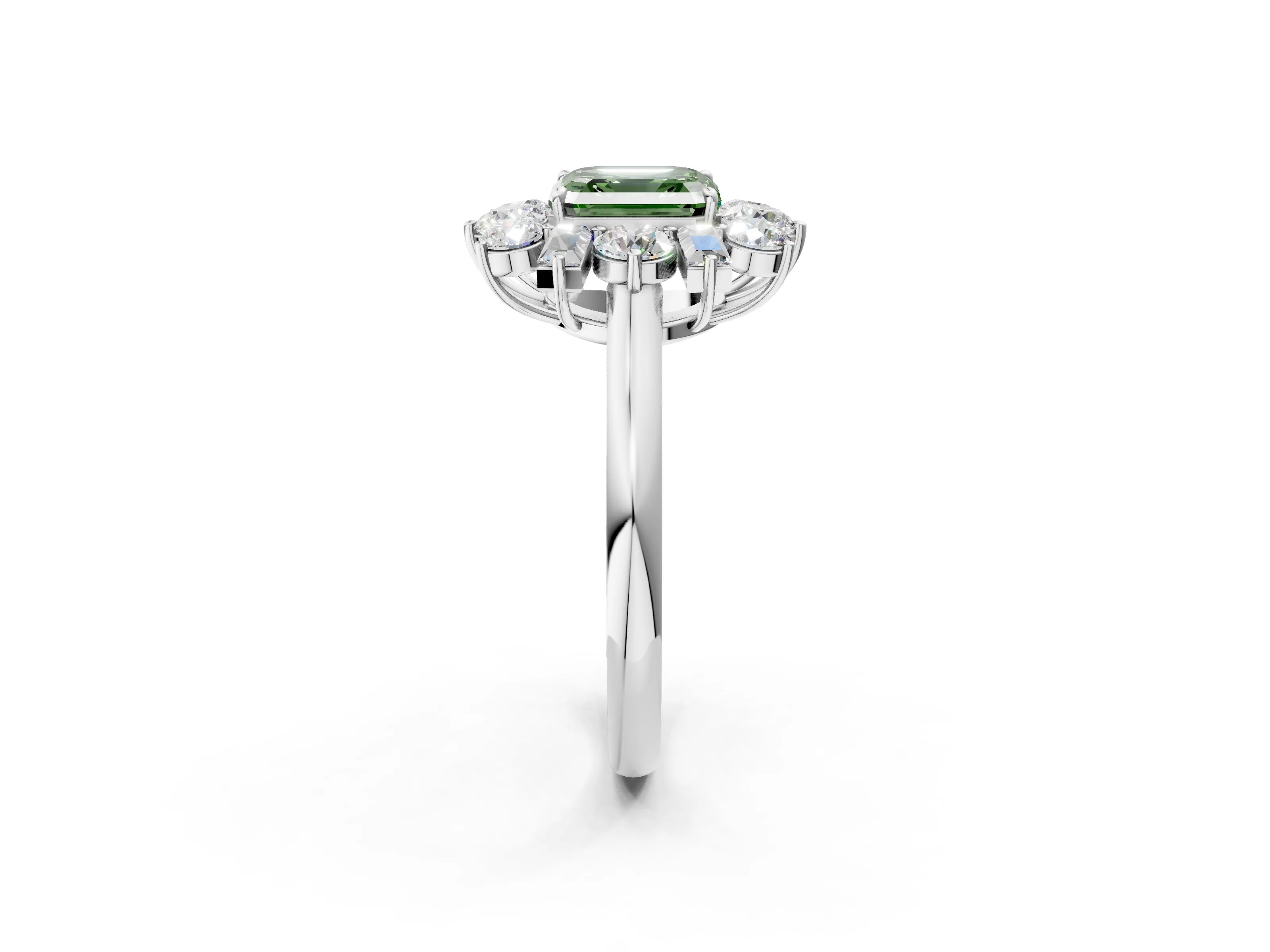 White gold Fancy Green Asscher Cut Diamond Cluster Ring with Round and Baguette Stones, Split Shank Band, Prong Setting_14