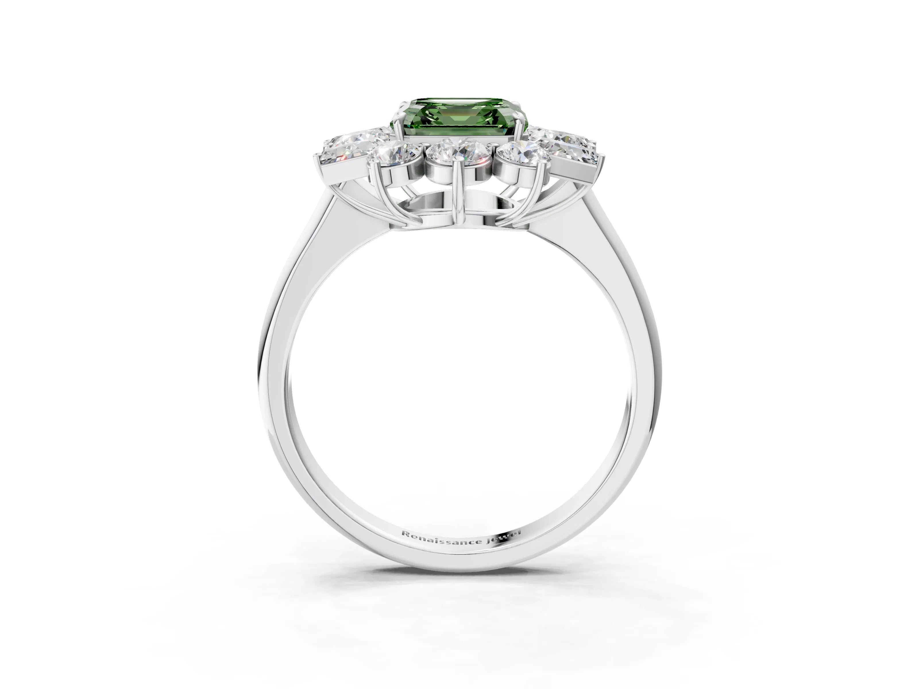 White gold Fancy Green Asscher Cut Diamond Cluster Ring with Round and Baguette Stones, Split Shank Band, Prong Setting_15