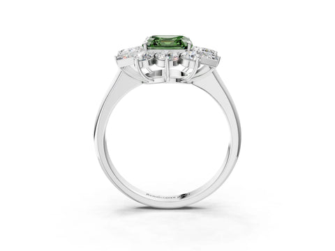 White gold Fancy Green Asscher Cut Diamond Cluster Ring with Round and Baguette Stones, Split Shank Band, Prong Setting_15