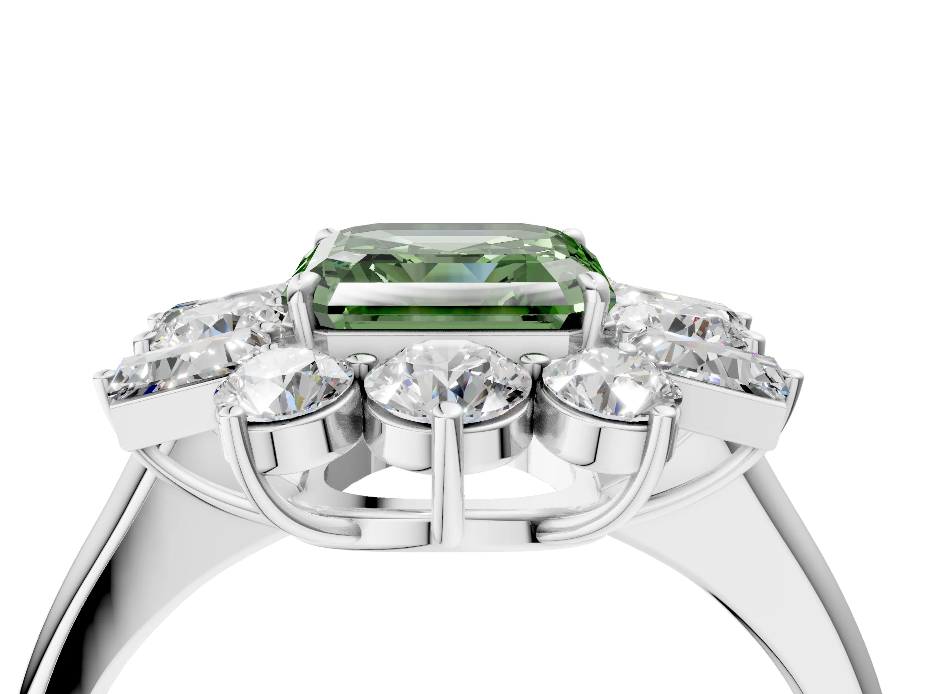 White gold Fancy Green Asscher Cut Diamond Cluster Ring with Round and Baguette Stones, Split Shank Band, Prong Setting_16