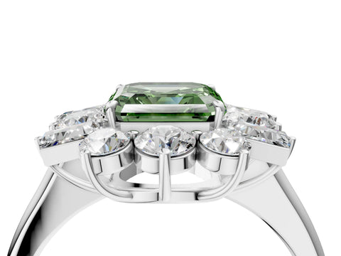 White gold Fancy Green Asscher Cut Diamond Cluster Ring with Round and Baguette Stones, Split Shank Band, Prong Setting_16