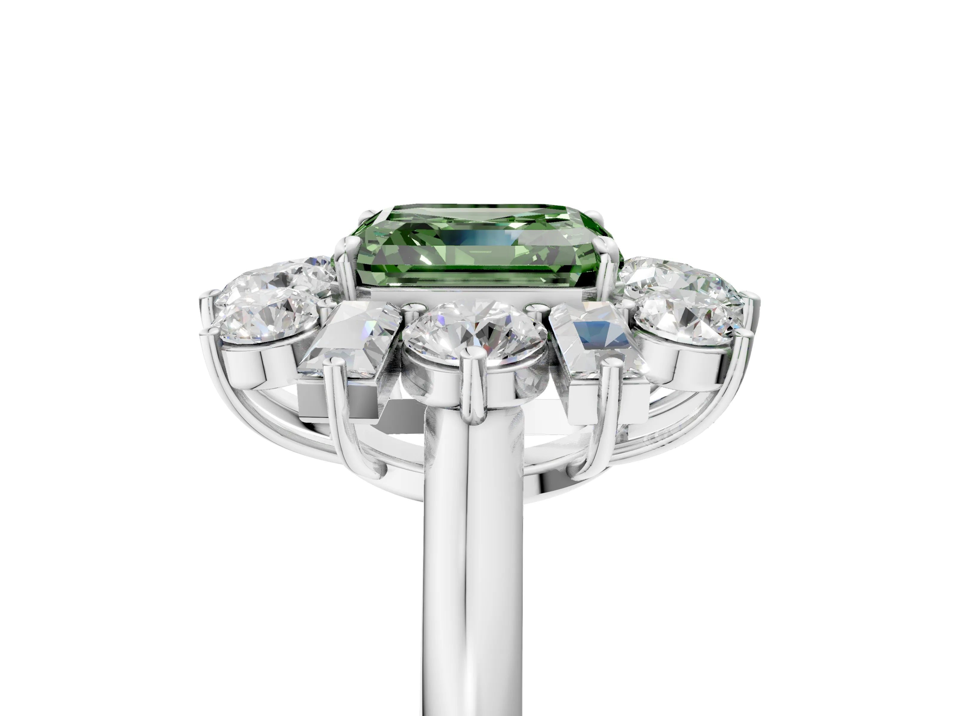 White gold Fancy Green Asscher Cut Diamond Cluster Ring with Round and Baguette Stones, Split Shank Band, Prong Setting_17
