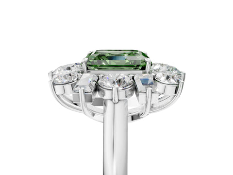 White gold Fancy Green Asscher Cut Diamond Cluster Ring with Round and Baguette Stones, Split Shank Band, Prong Setting_17