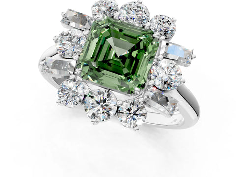 White gold Fancy Green Asscher Cut Diamond Cluster Ring with Round and Baguette Stones, Split Shank Band, Prong Setting_1