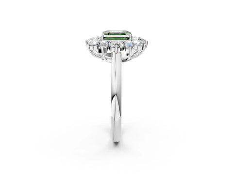 White gold Fancy Green Asscher Cut Diamond Cluster Ring with Round and Baguette Stones, Split Shank Band, Prong Setting_2
