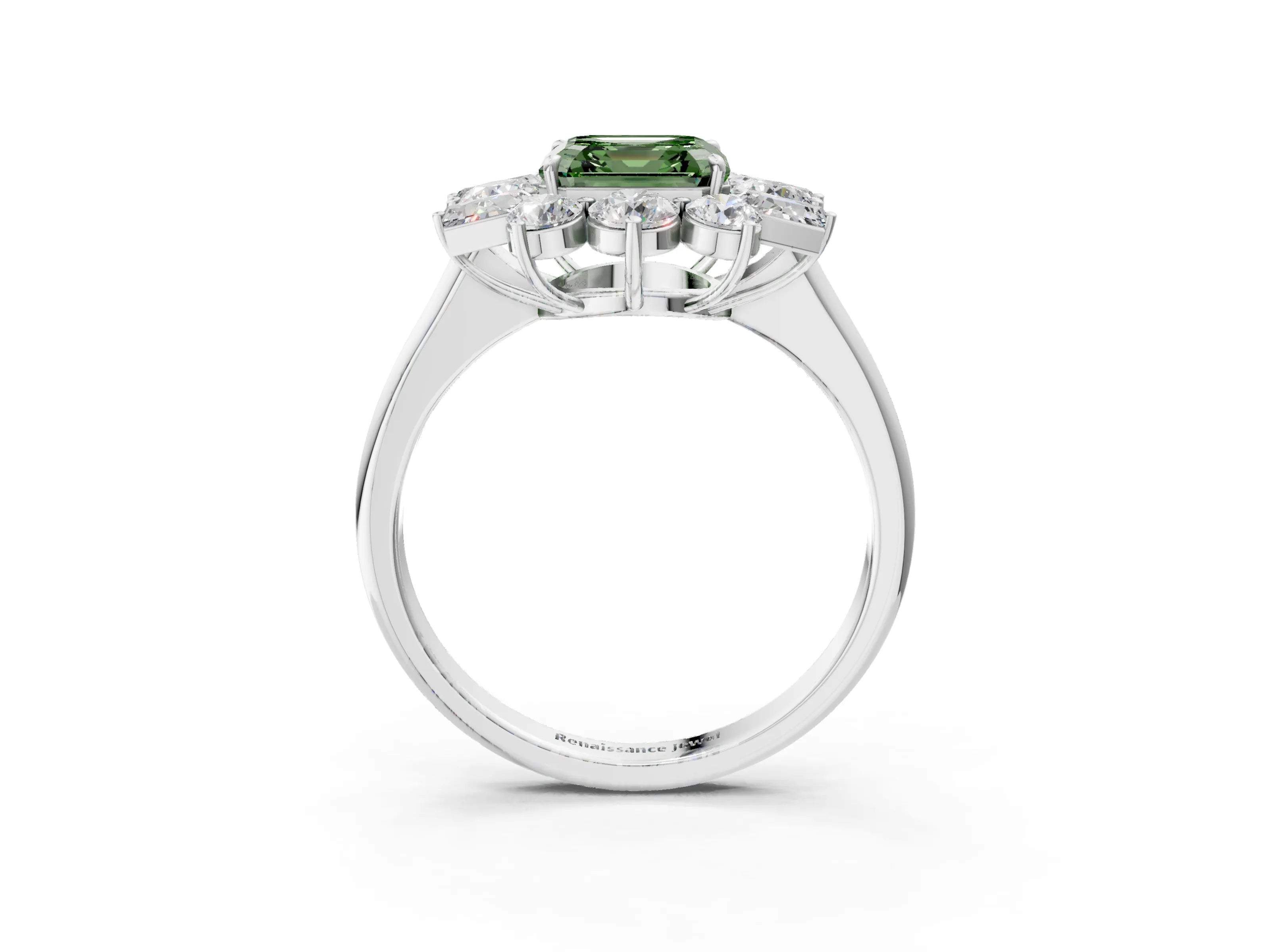 White gold Fancy Green Asscher Cut Diamond Cluster Ring with Round and Baguette Stones, Split Shank Band, Prong Setting_3