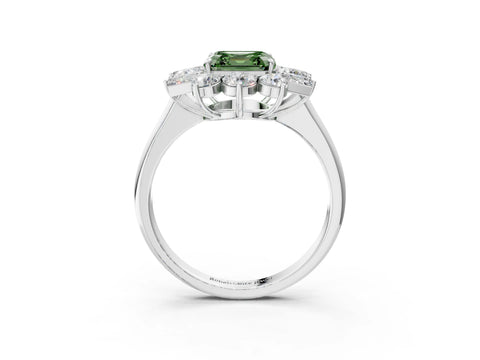 White gold Fancy Green Asscher Cut Diamond Cluster Ring with Round and Baguette Stones, Split Shank Band, Prong Setting_3
