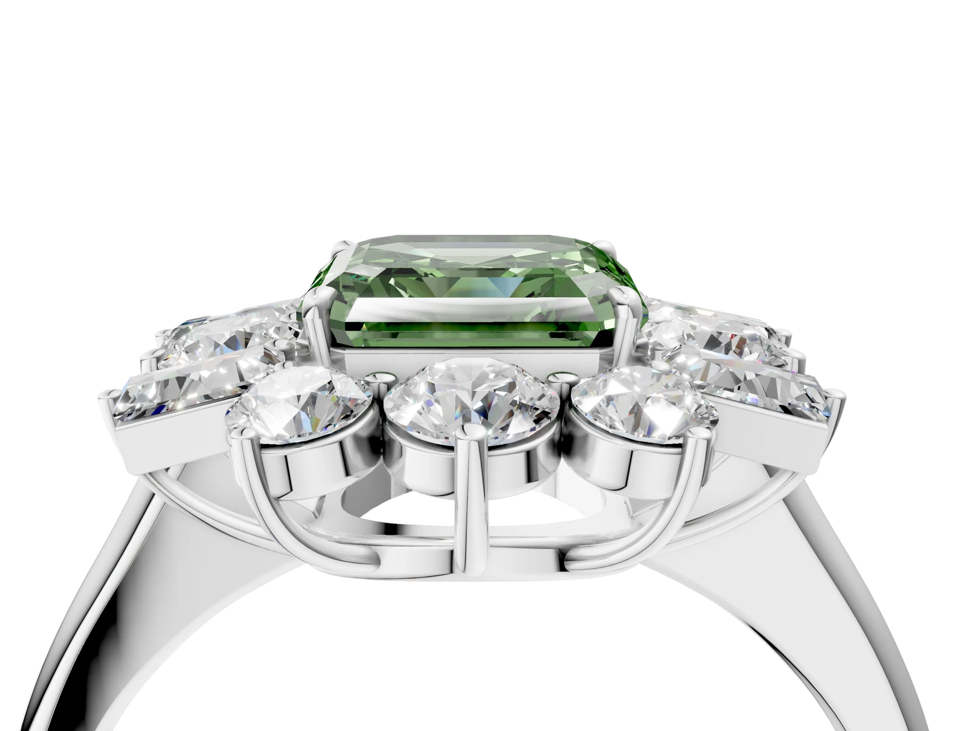 White gold Fancy Green Asscher Cut Diamond Cluster Ring with Round and Baguette Stones, Split Shank Band, Prong Setting_4