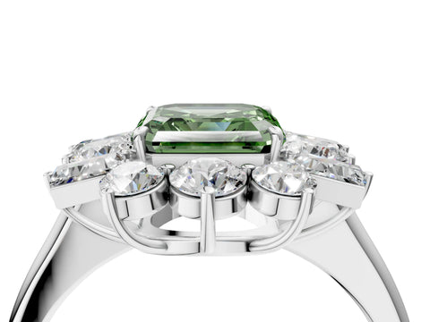 White gold Fancy Green Asscher Cut Diamond Cluster Ring with Round and Baguette Stones, Split Shank Band, Prong Setting_4