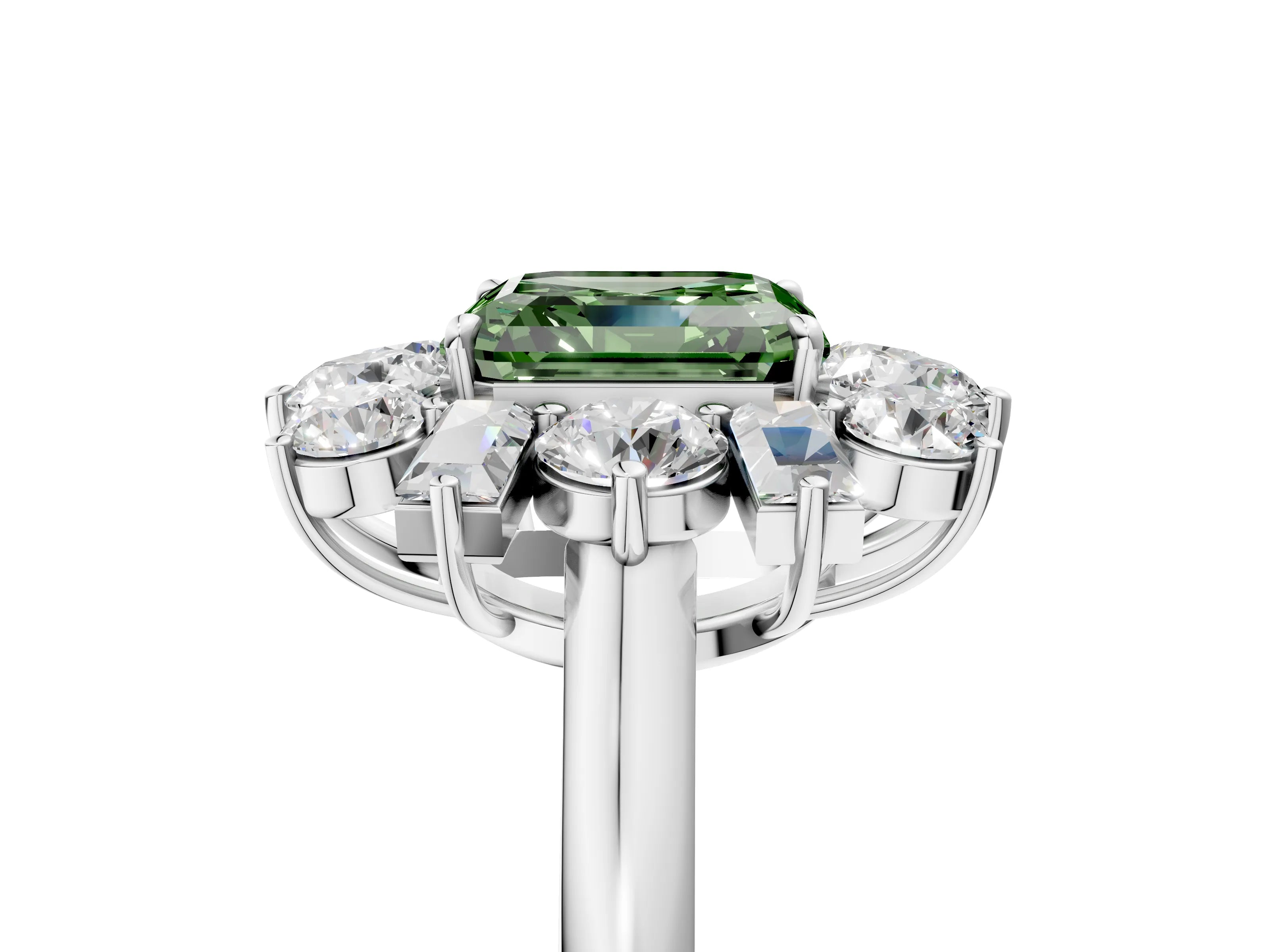 White gold Fancy Green Asscher Cut Diamond Cluster Ring with Round and Baguette Stones, Split Shank Band, Prong Setting_5