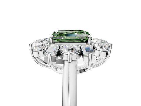 White gold Fancy Green Asscher Cut Diamond Cluster Ring with Round and Baguette Stones, Split Shank Band, Prong Setting_5