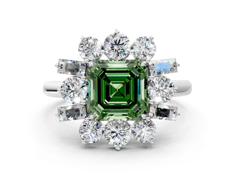 White gold Fancy Green Asscher Cut Diamond Cluster Ring with Round and Baguette Stones, Split Shank Band, Prong Setting