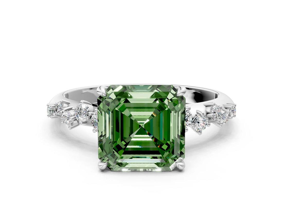 White gold Fancy Green Asscher Cut Diamond Cluster Side Stone Solitaire Ring with Prong Setting_64