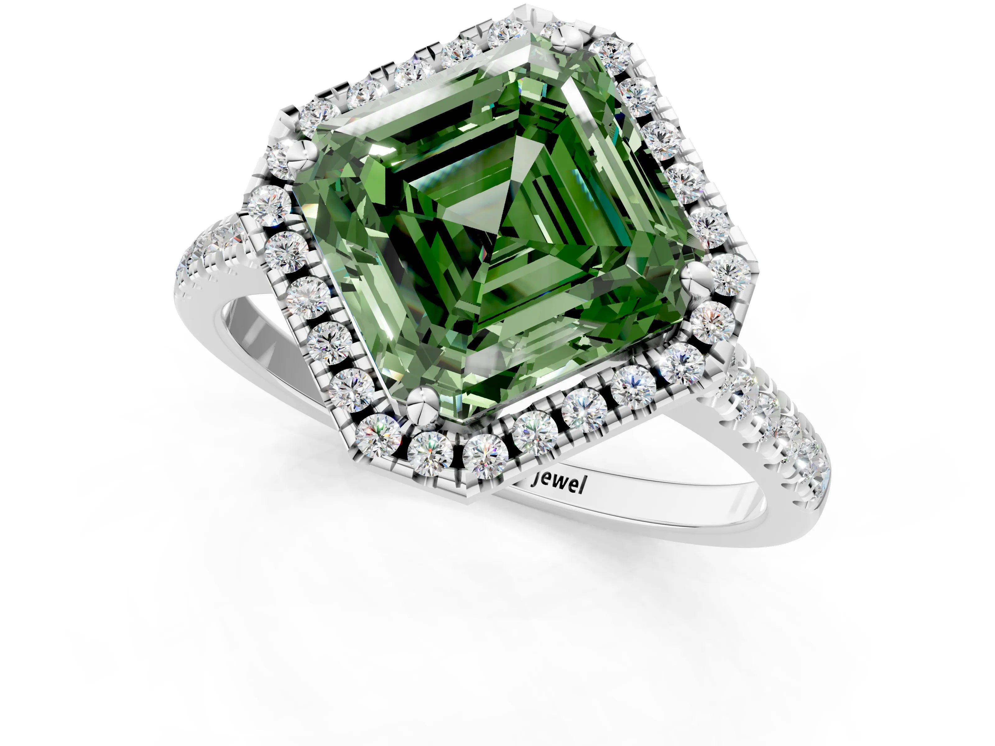 White gold Fancy Green Asscher Cut Diamond Cushion Halo Ring with Pavé Band_1