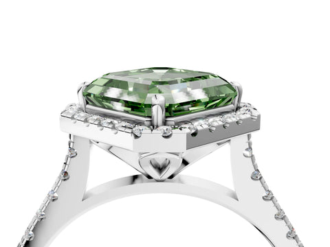 White gold Fancy Green Asscher Cut Diamond Cushion Halo Ring with Pavé Band_10