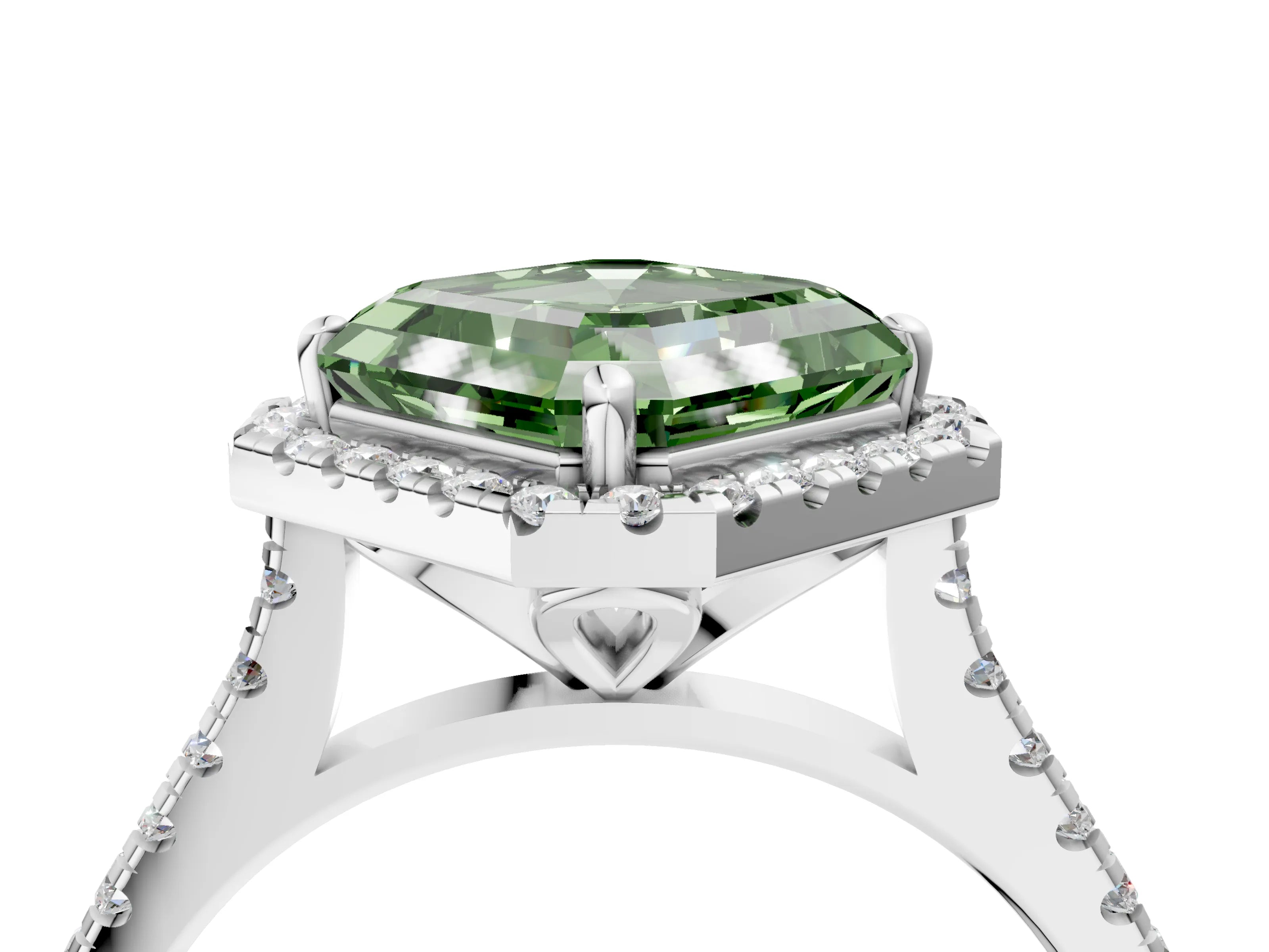 White gold Fancy Green Asscher Cut Diamond Cushion Halo Ring with Pavé Band_4