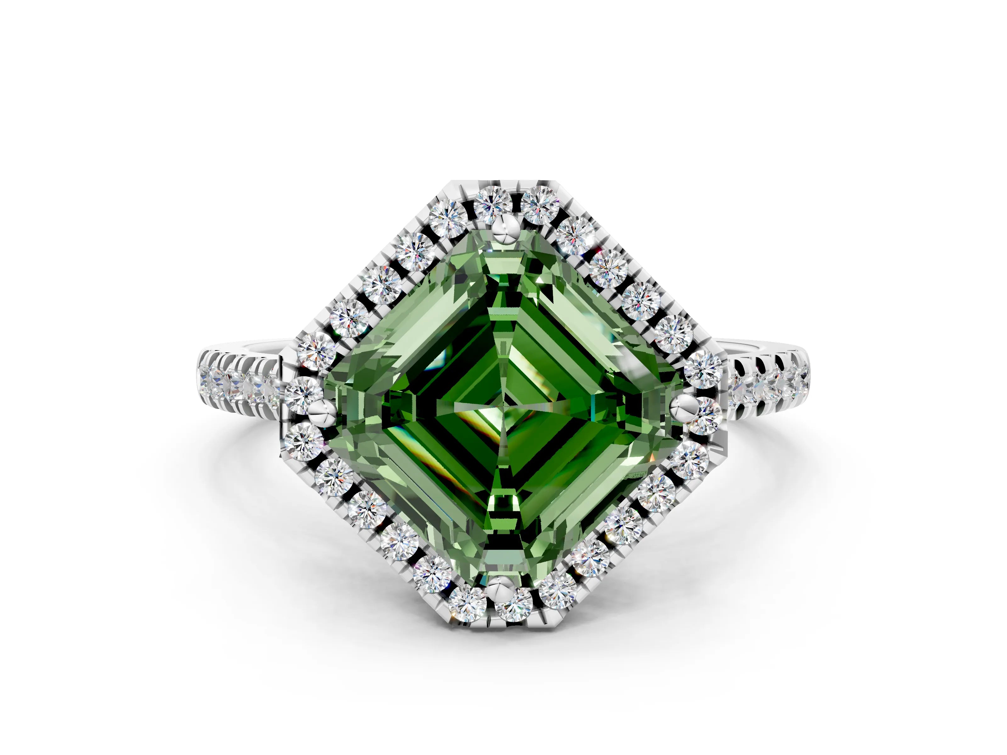 White gold Fancy Green Asscher Cut Diamond Cushion Halo Ring with Pavé Band_6