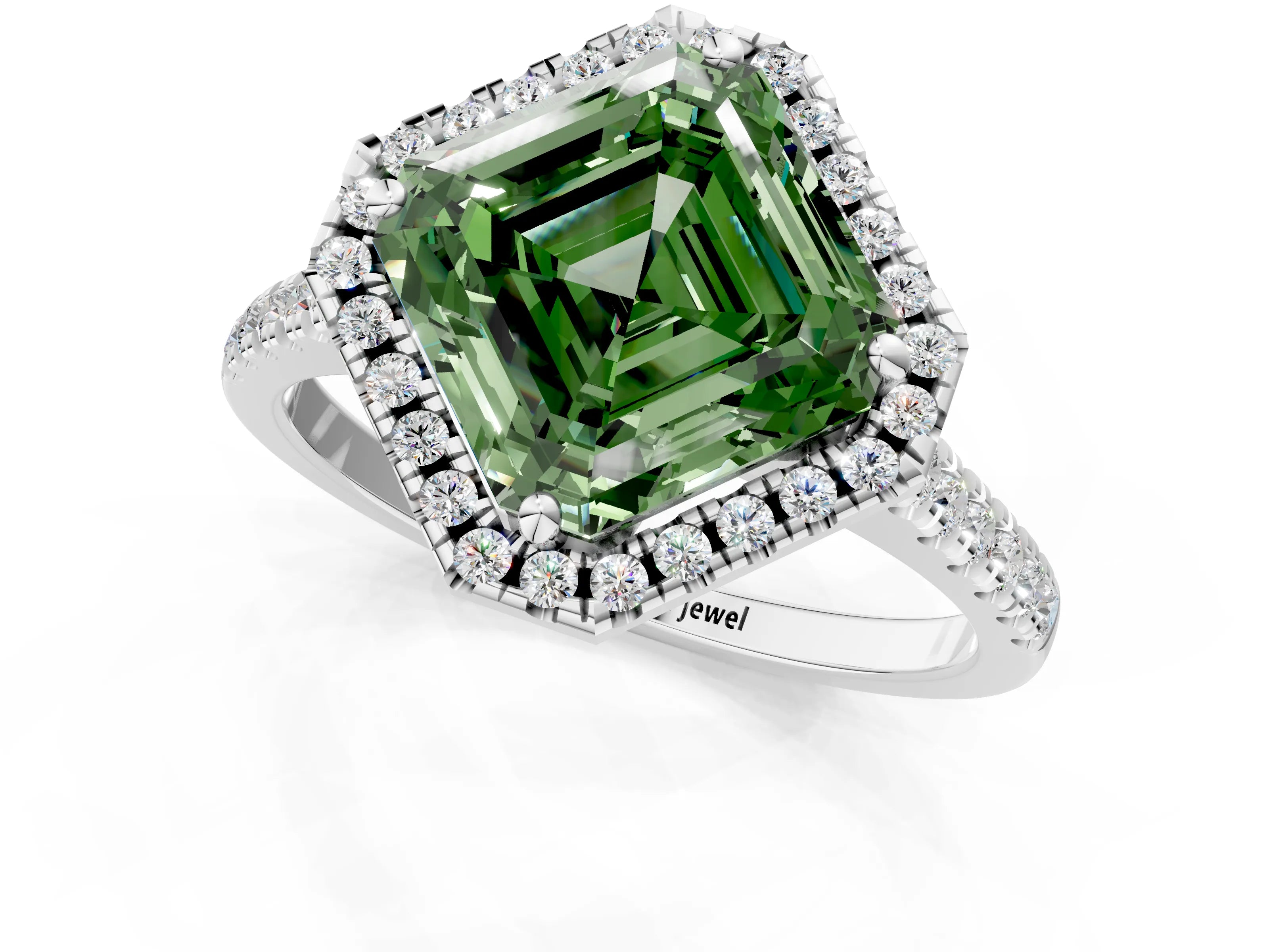 White gold Fancy Green Asscher Cut Diamond Cushion Halo Ring with Pavé Band_7