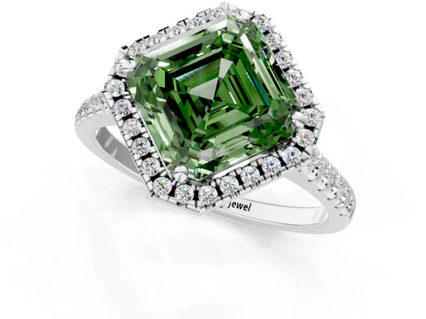 White gold Fancy Green Asscher Cut Diamond Cushion Halo Ring with Pavé Band_7
