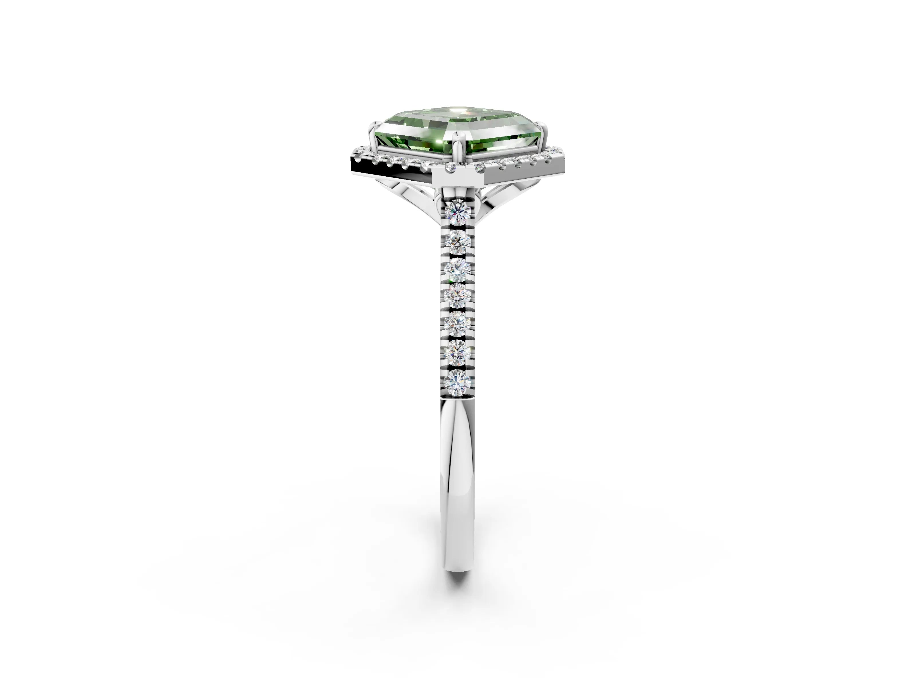White gold Fancy Green Asscher Cut Diamond Cushion Halo Ring with Pavé Band_8