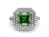 White gold Fancy Green Asscher Cut Diamond Double Halo Ring with Pavé Band and Prong Setting_53