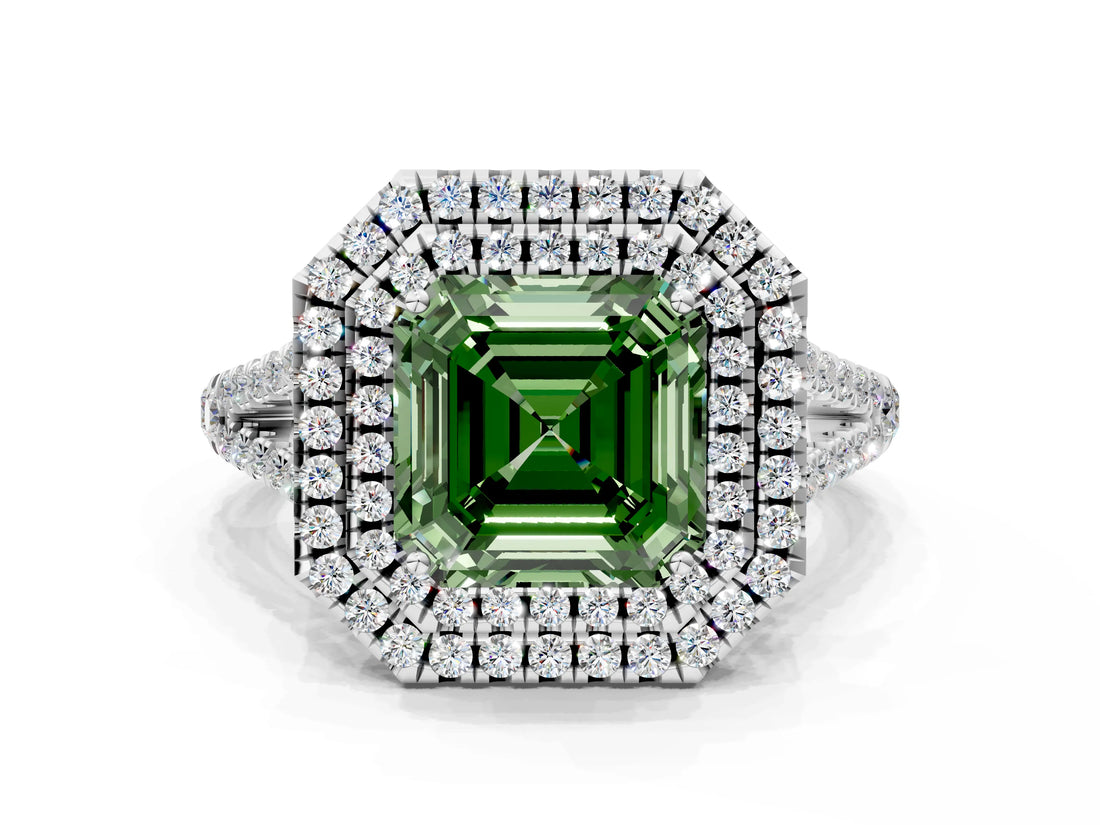 White gold Fancy Green Asscher Cut Diamond Double Halo Ring with Pavé Band and Prong Setting_56