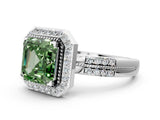 White gold Fancy Green Asscher Cut Diamond Double Halo Ring with Split Shank and Four-Prong Setting