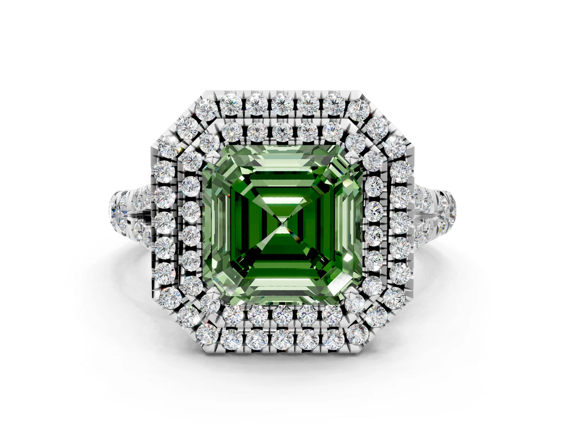 White gold Fancy Green Asscher Cut Diamond Double Halo Ring with Split Shank and Prong Setting_27