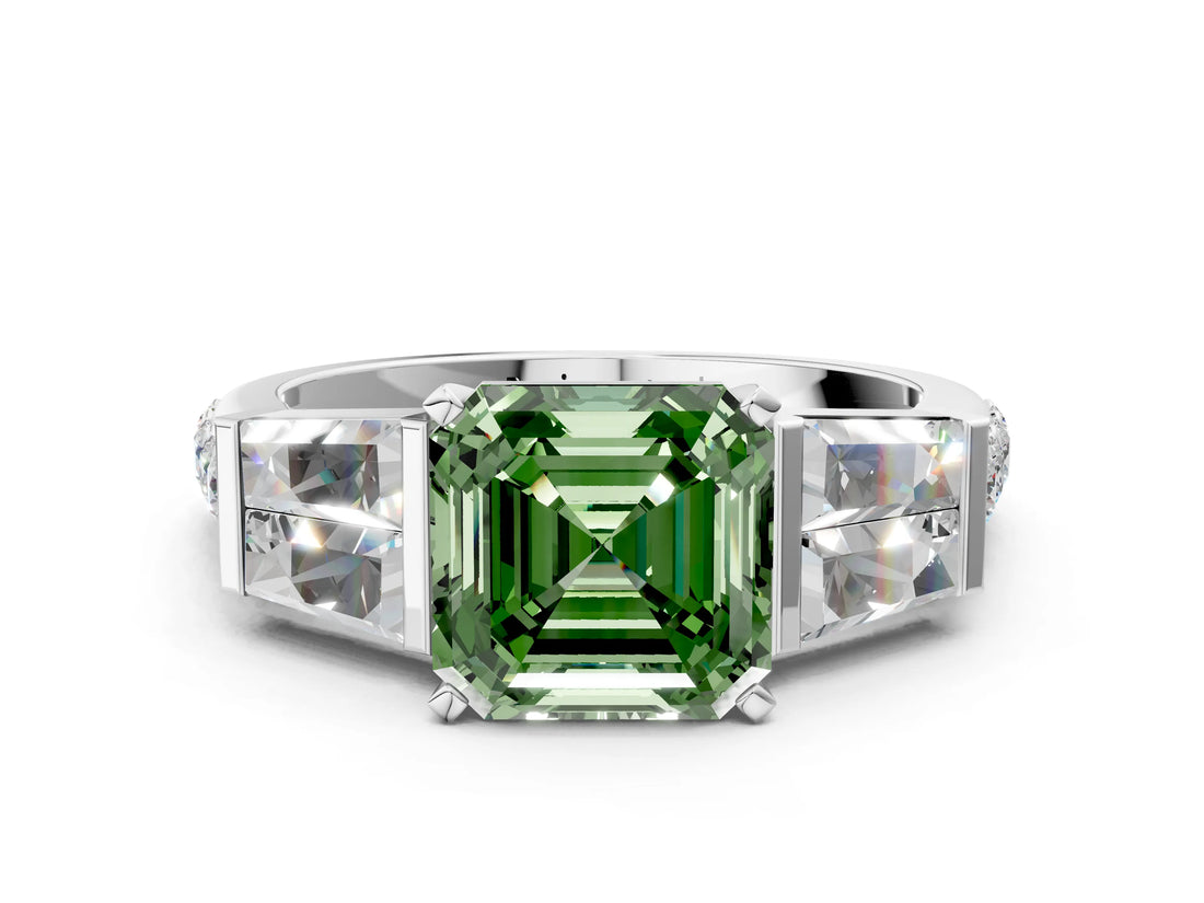 White gold Fancy Green Asscher Cut Diamond Engagement Ring with Baguette Side Stones and Channel Set Band_17