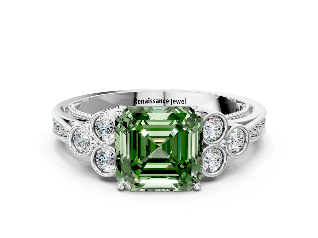 White gold Fancy Green Asscher  Cut Diamond Engagement Ring with Bezel Set Round Side Stones and Prong Setting_63